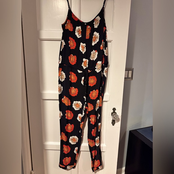 LOFT navy / orange jumpsuit with spaghetti straps & cuffed hem and pockets Sz M. - Picture 1 of 4